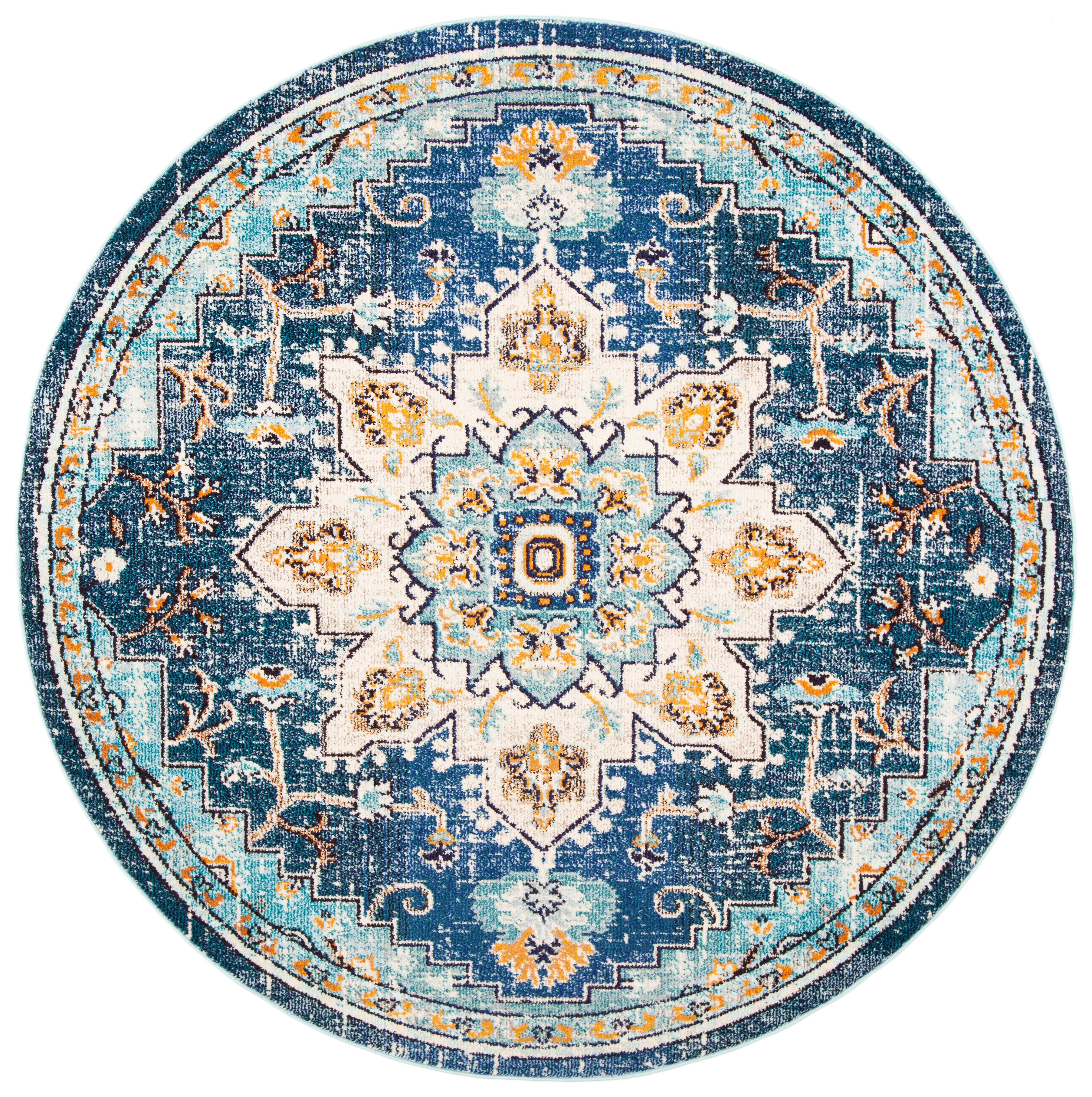 Blue and Light Blue Round Synthetic Non-slip Area Rug