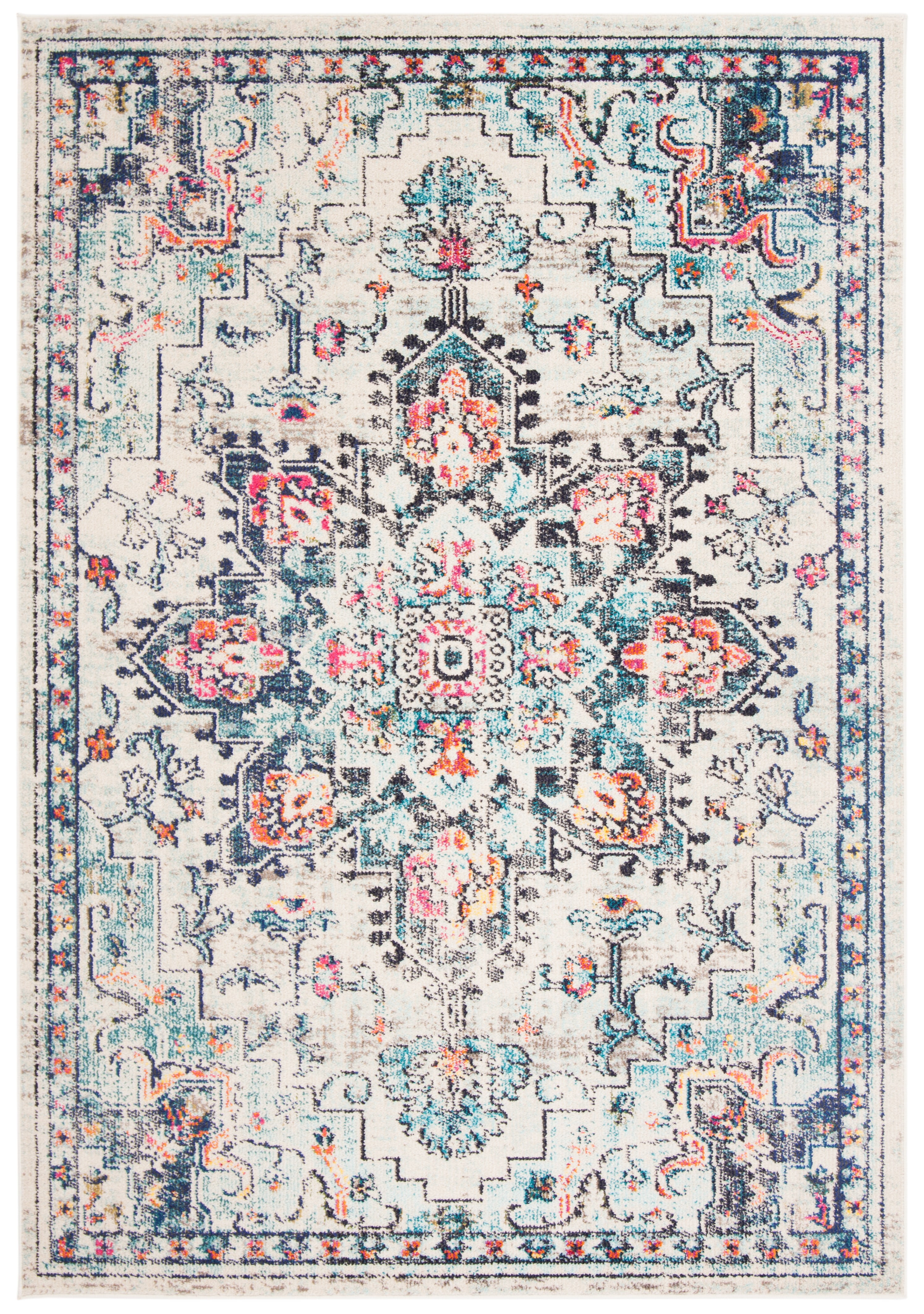 Handmade Cream and Blue Round Synthetic Rug