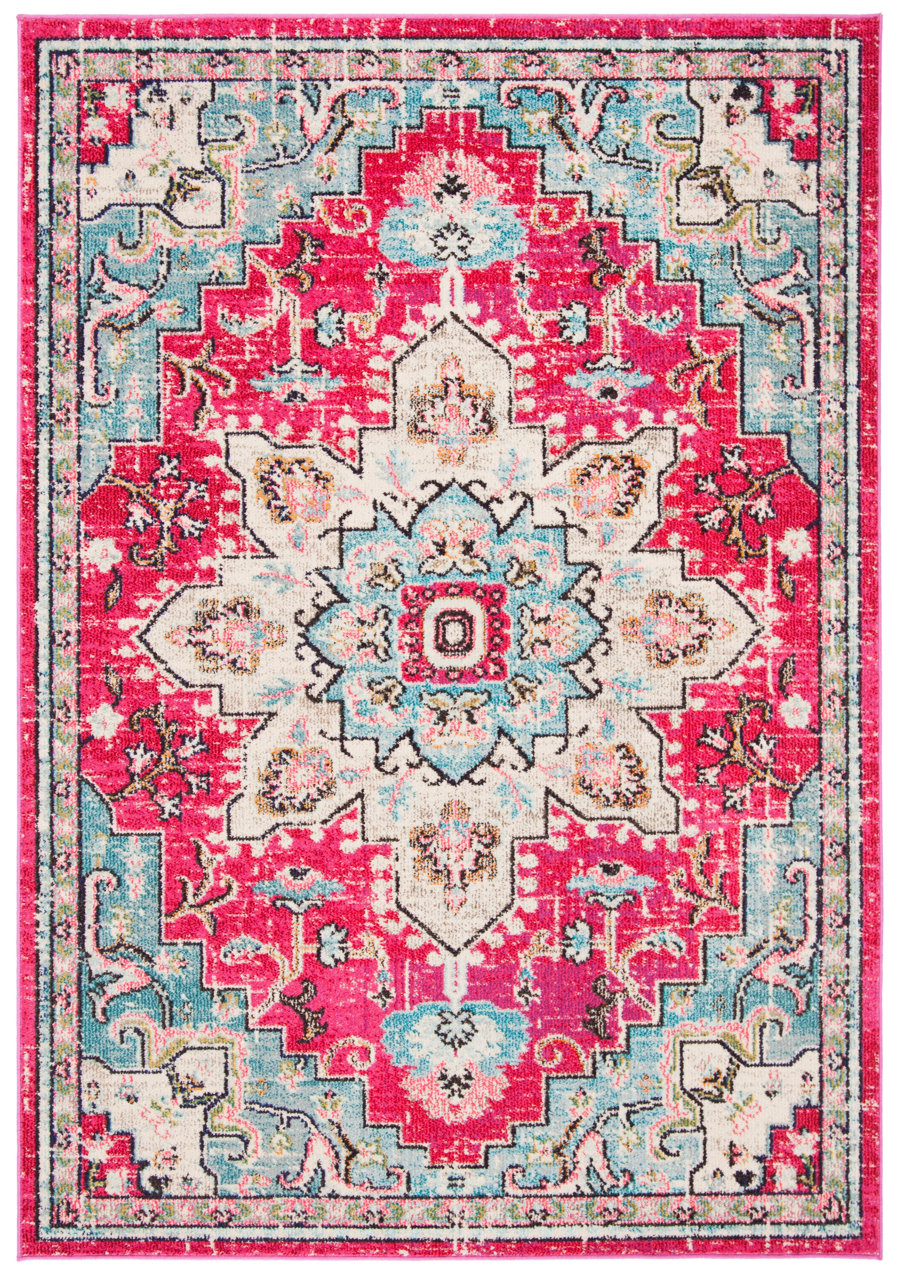 Fuchsia & Blue Hand-Knotted Vintage-Inspired Area Rug - 5'3" x 7'6"