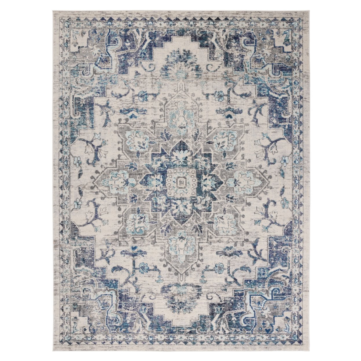 Ivory and Grey Synthetic 6' x 9' Distressed Medallion Area Rug