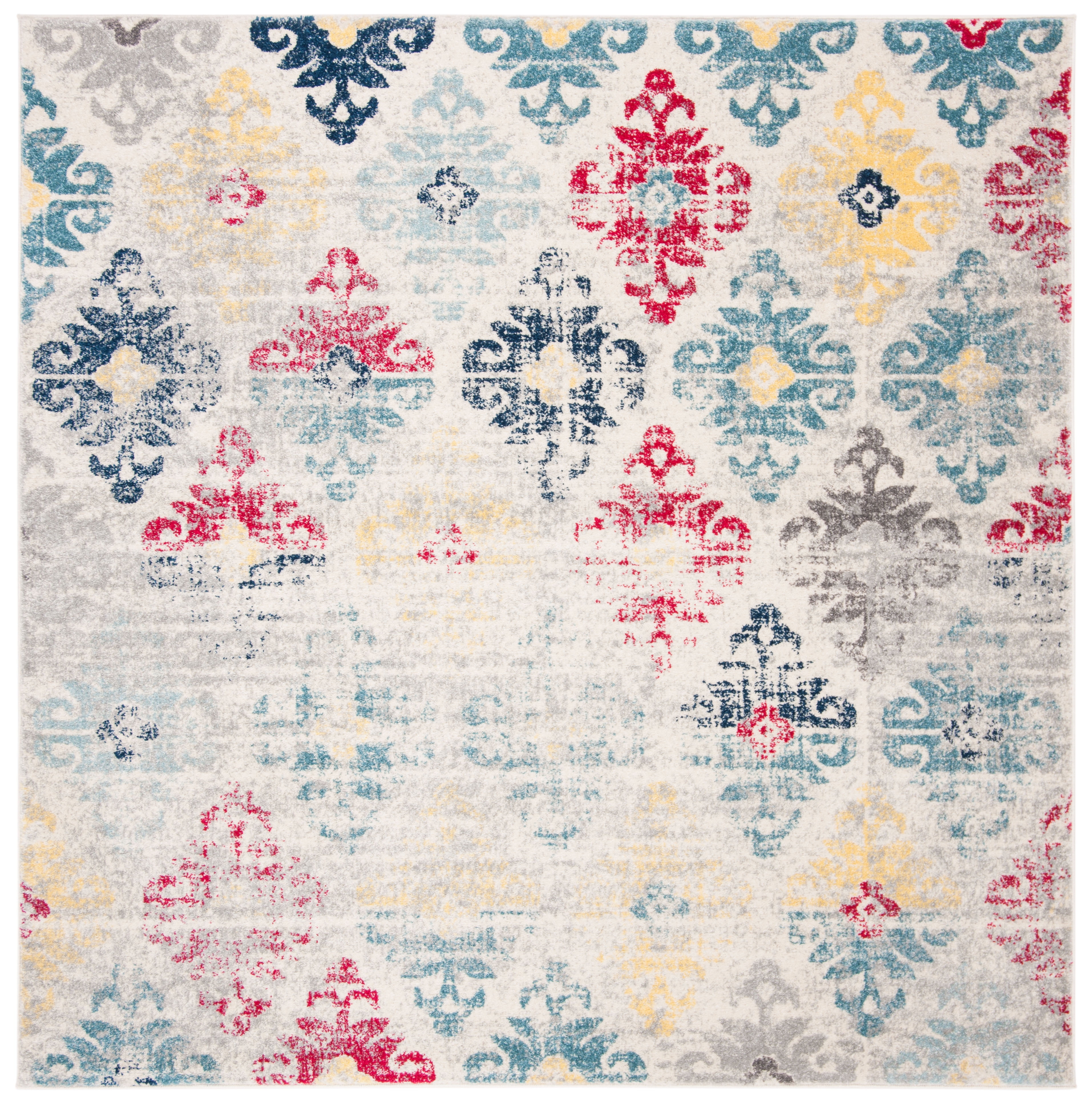 Ivory and Blue Damask Medium Pile Square Rug
