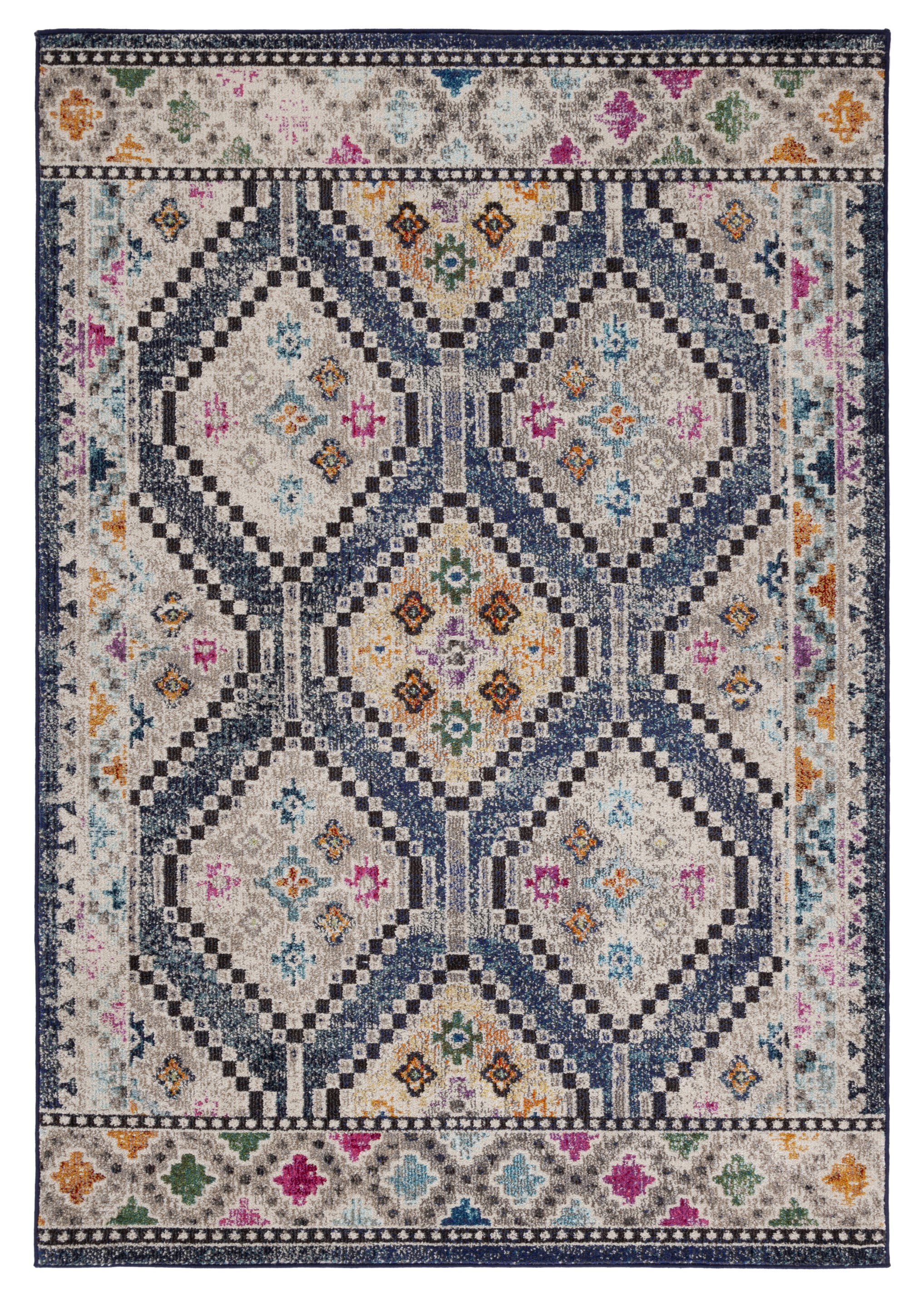 Navy and Beige Hand-Knotted Rectangular Area Rug