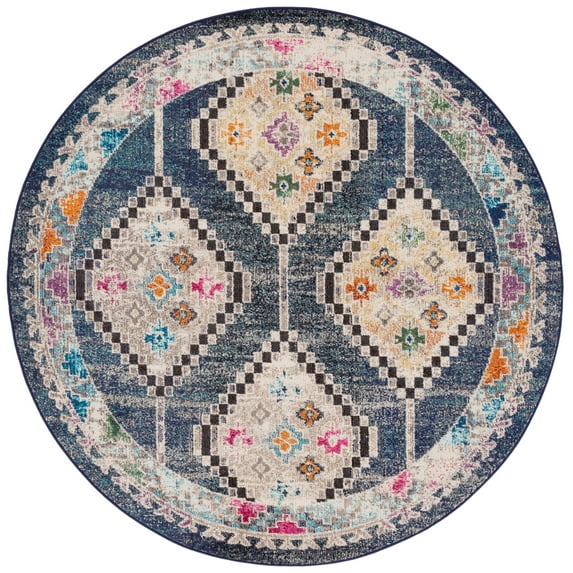 SAFAVIEH Madison Dayna Trellis Bordered Area Rug, Navy/Beige, 6'7" x 6'7" Round