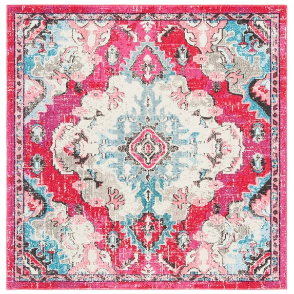 SAFAVIEH Madison Elinor Traditional Distressed Area Rug, Fuchsia/Light Blue, 6'7" x 6'7" Square