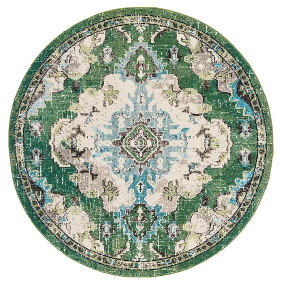 SAFAVIEH Madison Elinor Traditional Distressed Area Rug, Green/Light Blue, 3' x 3' Round