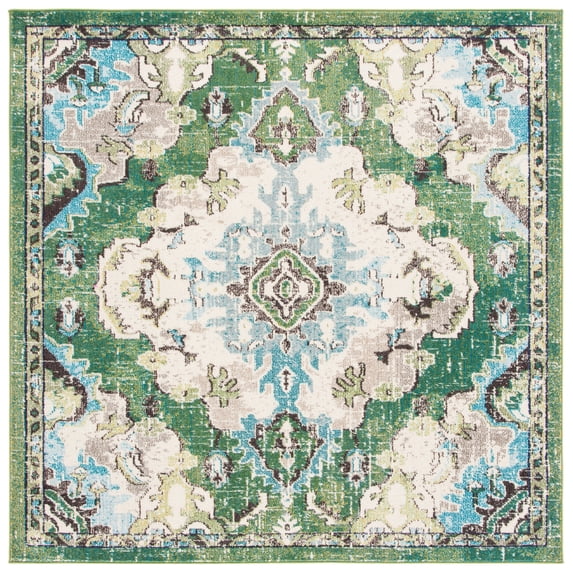 SAFAVIEH Madison Elinor Traditional Distressed Area Rug, Green/Light Blue, 5' x 5' Square