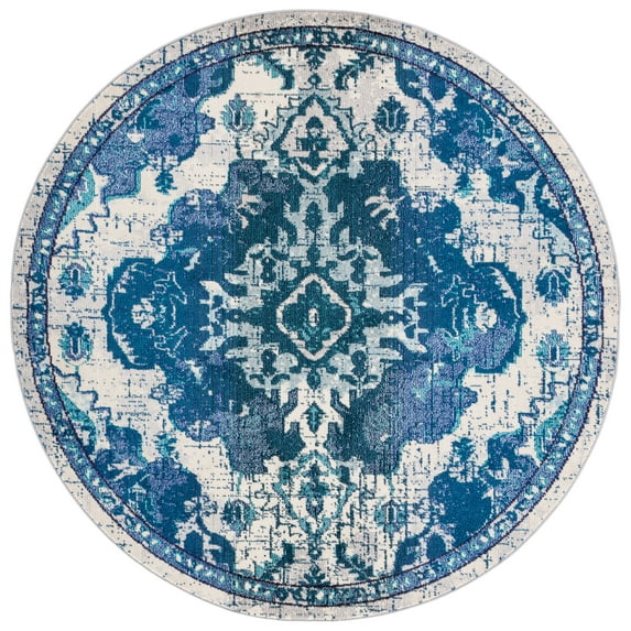 SAFAVIEH Madison Elinor Traditional Distressed Area Rug, Ivory/Blue, 6'7" x 6'7" Round