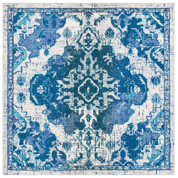 SAFAVIEH Madison Elinor Traditional Distressed Area Rug, Ivory/Blue, 6'7" x 6'7" Square