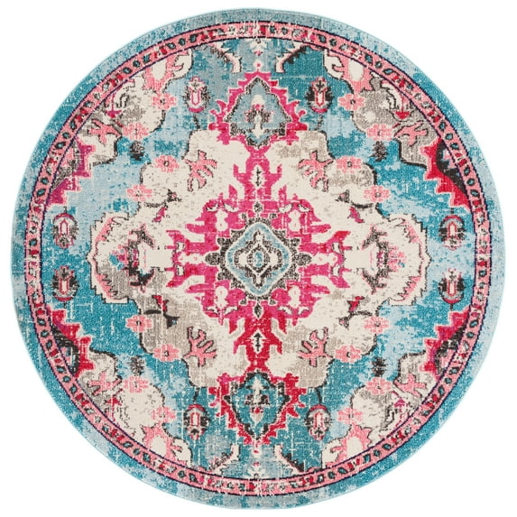 SAFAVIEH Madison Elinor Traditional Distressed Area Rug, Light Blue/Fuchsia, 6'7" x 6'7" Round