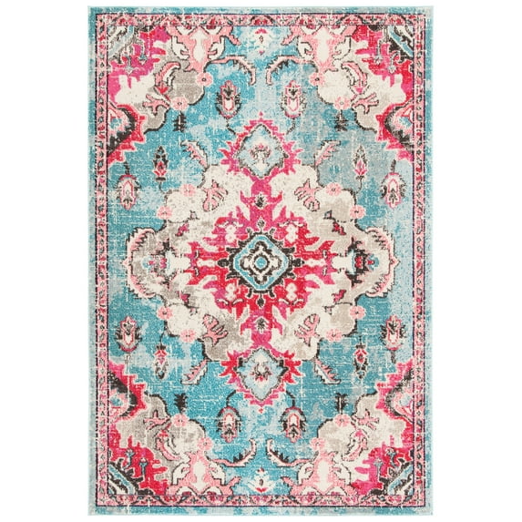 SAFAVIEH Madison Elinor Traditional Distressed Area Rug, Light Blue/Fuchsia, 8' x 10'