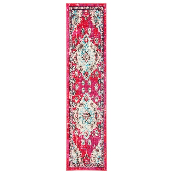 SAFAVIEH Madison Elinor Traditional Distressed Runner Rug, Fuchsia/Light Blue, 2' x 8'