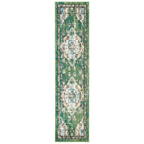 SAFAVIEH Madison Elinor Traditional Distressed Runner Rug, Green/Light Blue, 2'2" x 20'