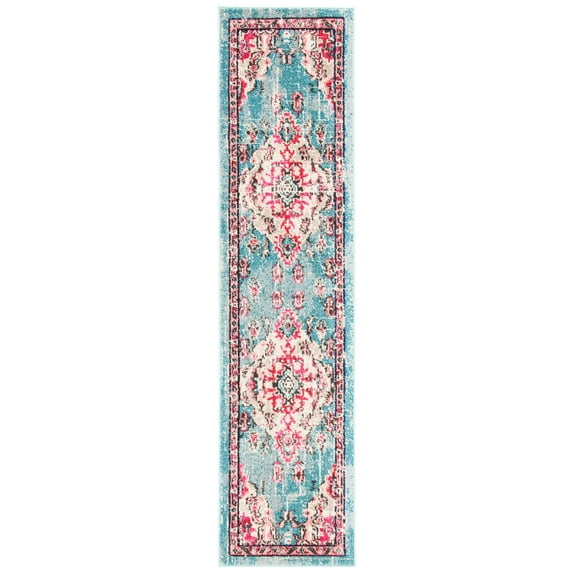 SAFAVIEH Madison Elinor Traditional Distressed Runner Rug, Light Blue/Fuchsia, 2' x 8'