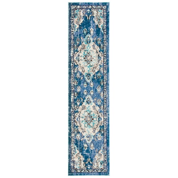 SAFAVIEH Madison Elinor Traditional Distressed Runner Rug, Navy/Ivory, 2' x 8'
