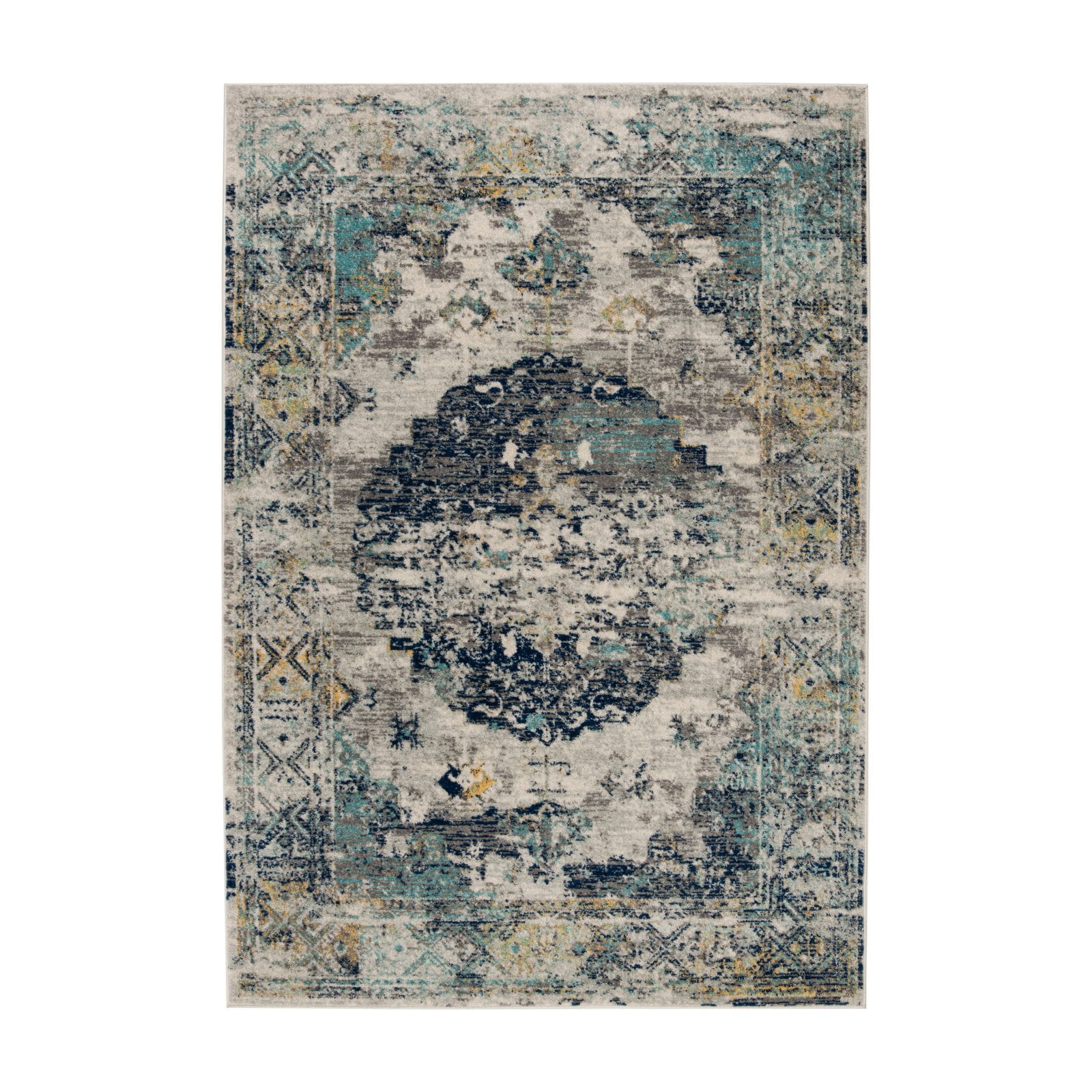 Light Grey and Blue Floral Motif Medium Pile Runner Rug