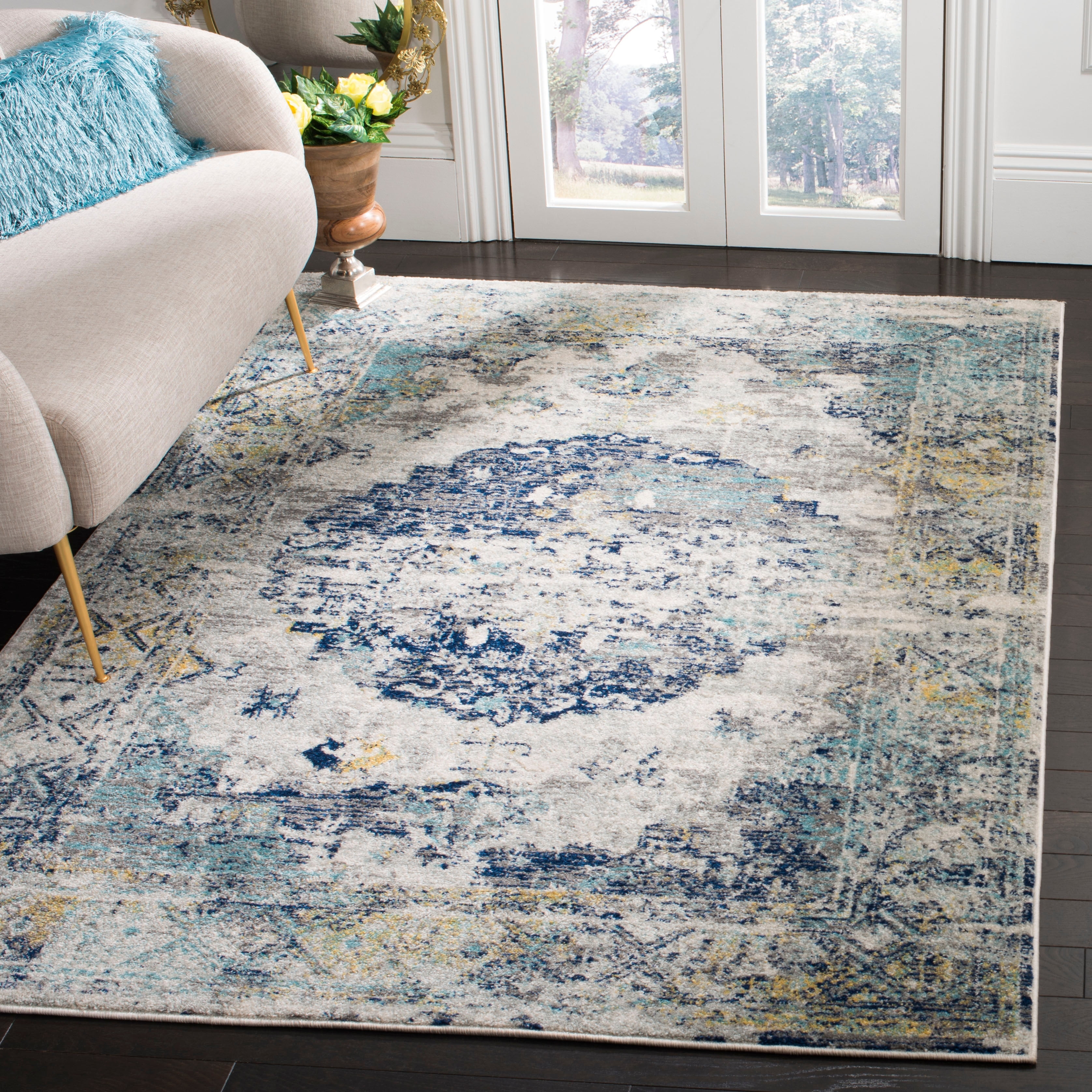 Light Grey and Blue Floral Motif Medium Pile Runner Rug