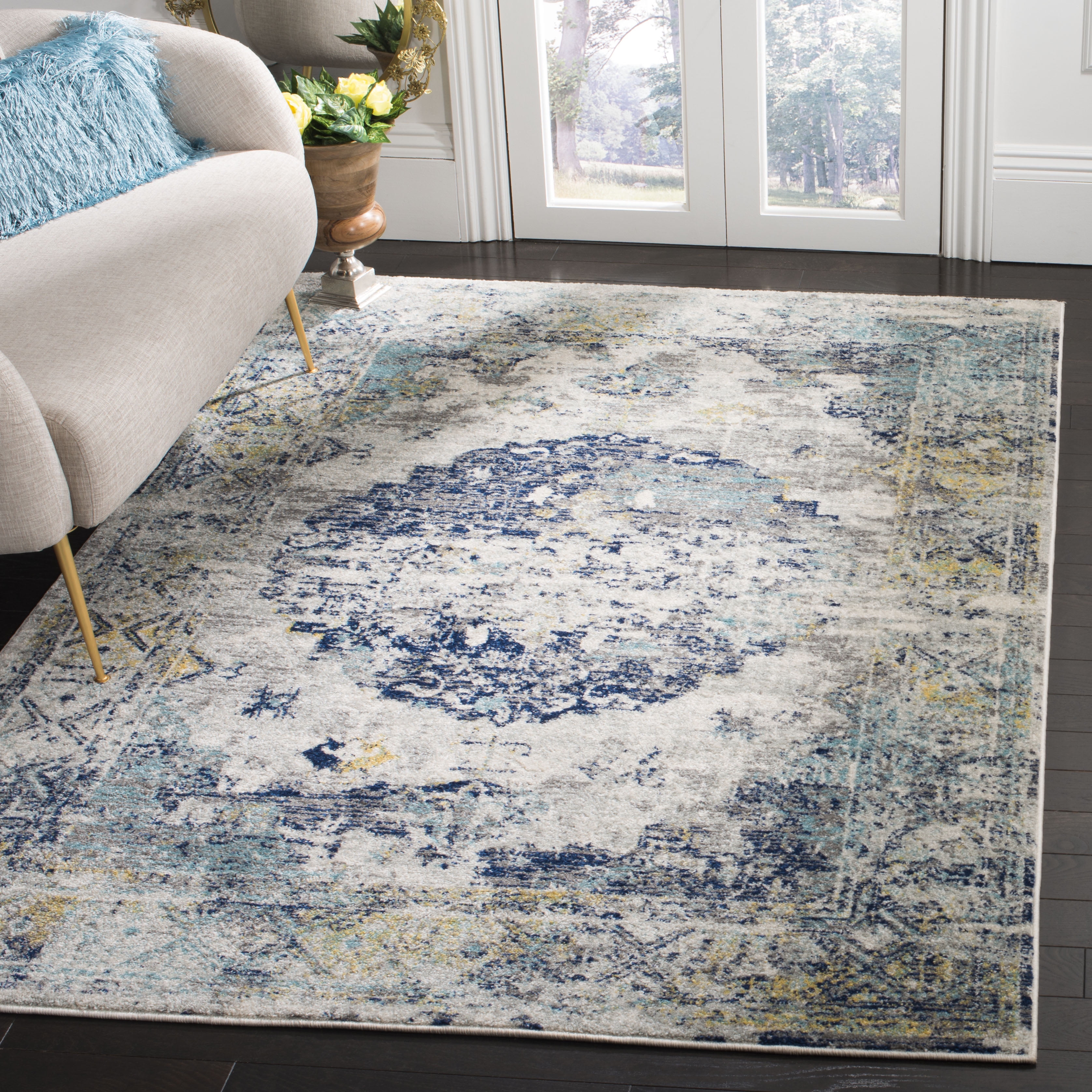 Gray and Blue Floral Motif Medium Pile Runner Rug