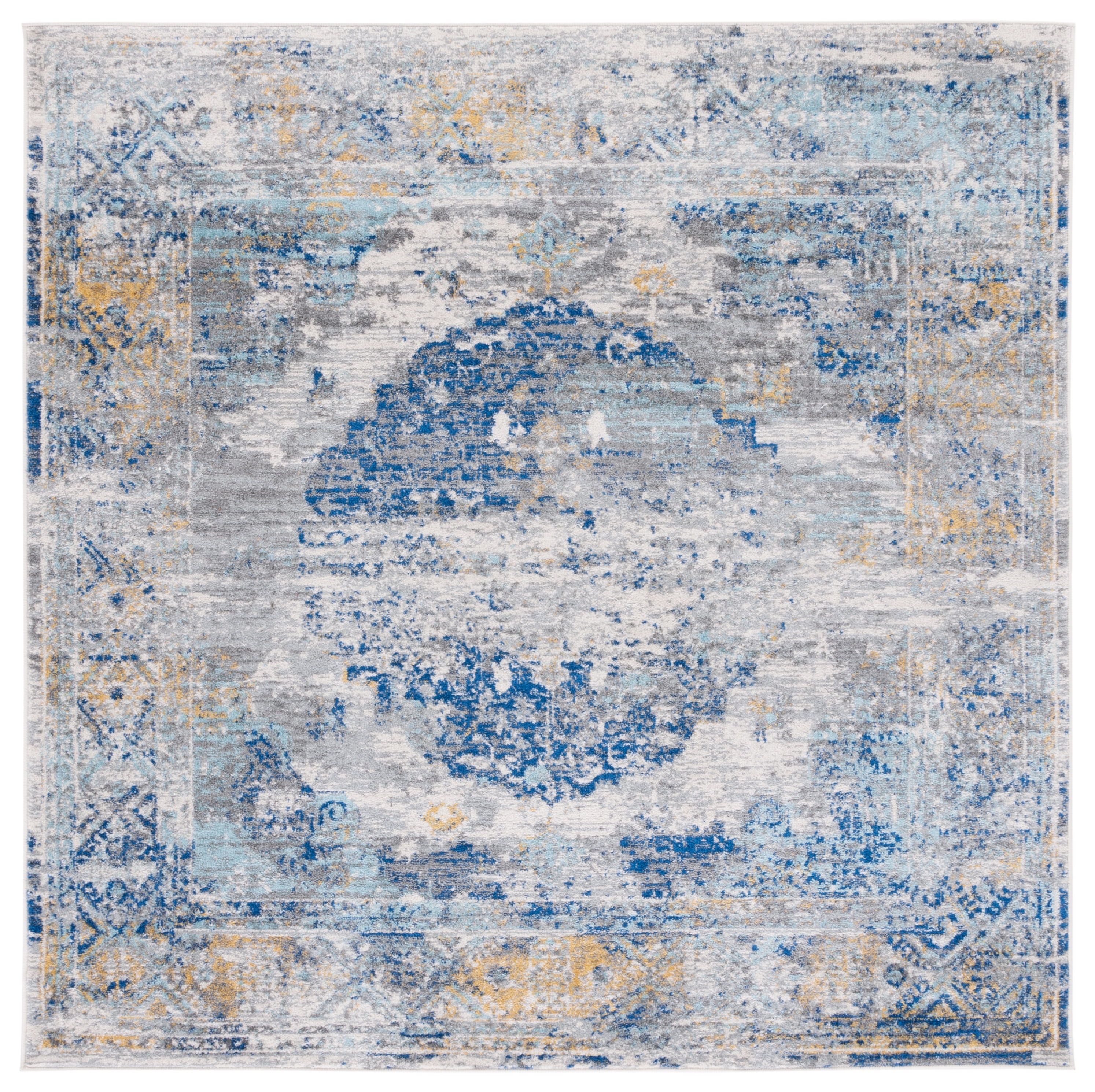 Light Gray and Blue Floral Motif Square Area Rug