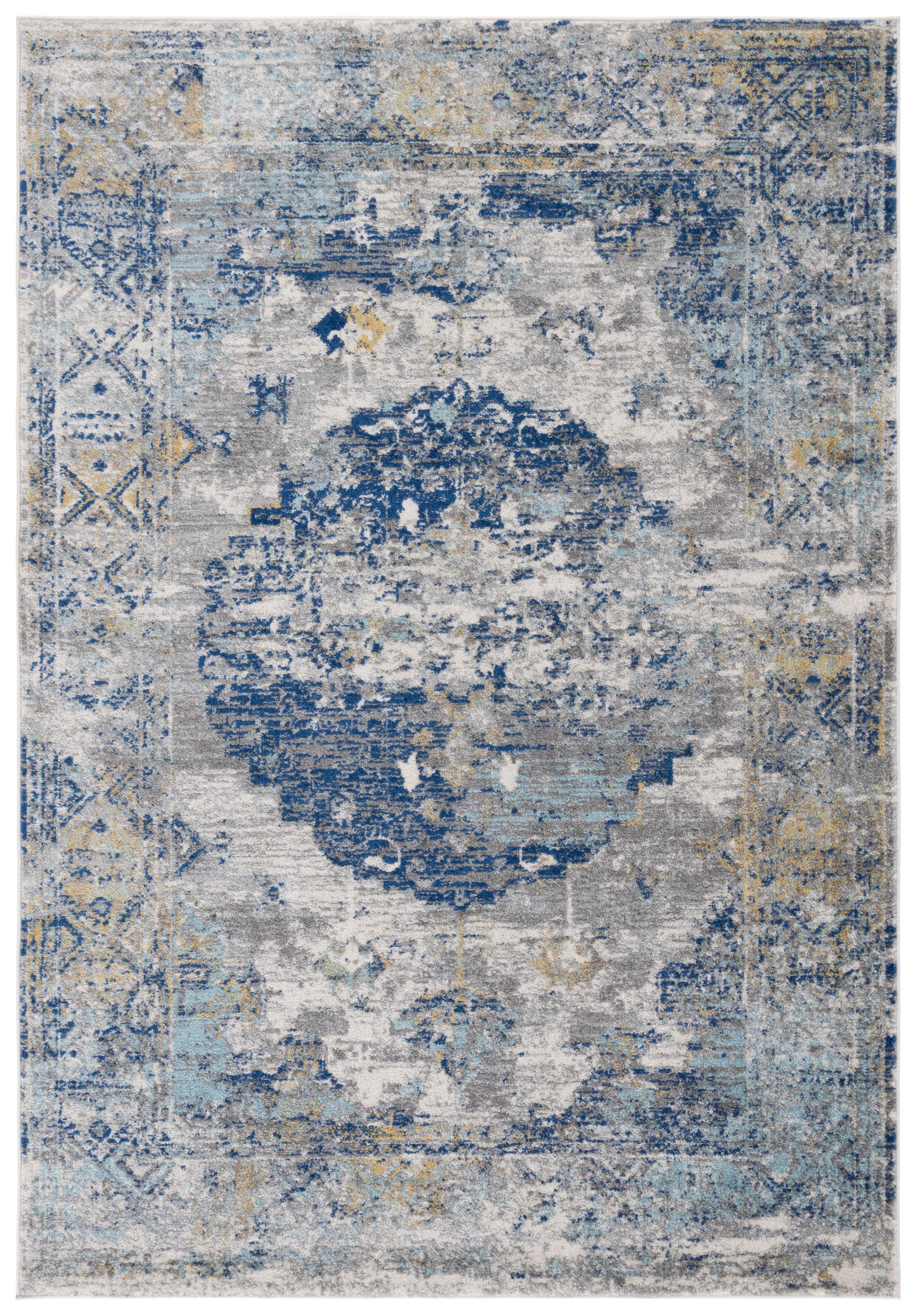 Gray and Blue Floral Motif Synthetic Area Rug, 6' x 9'