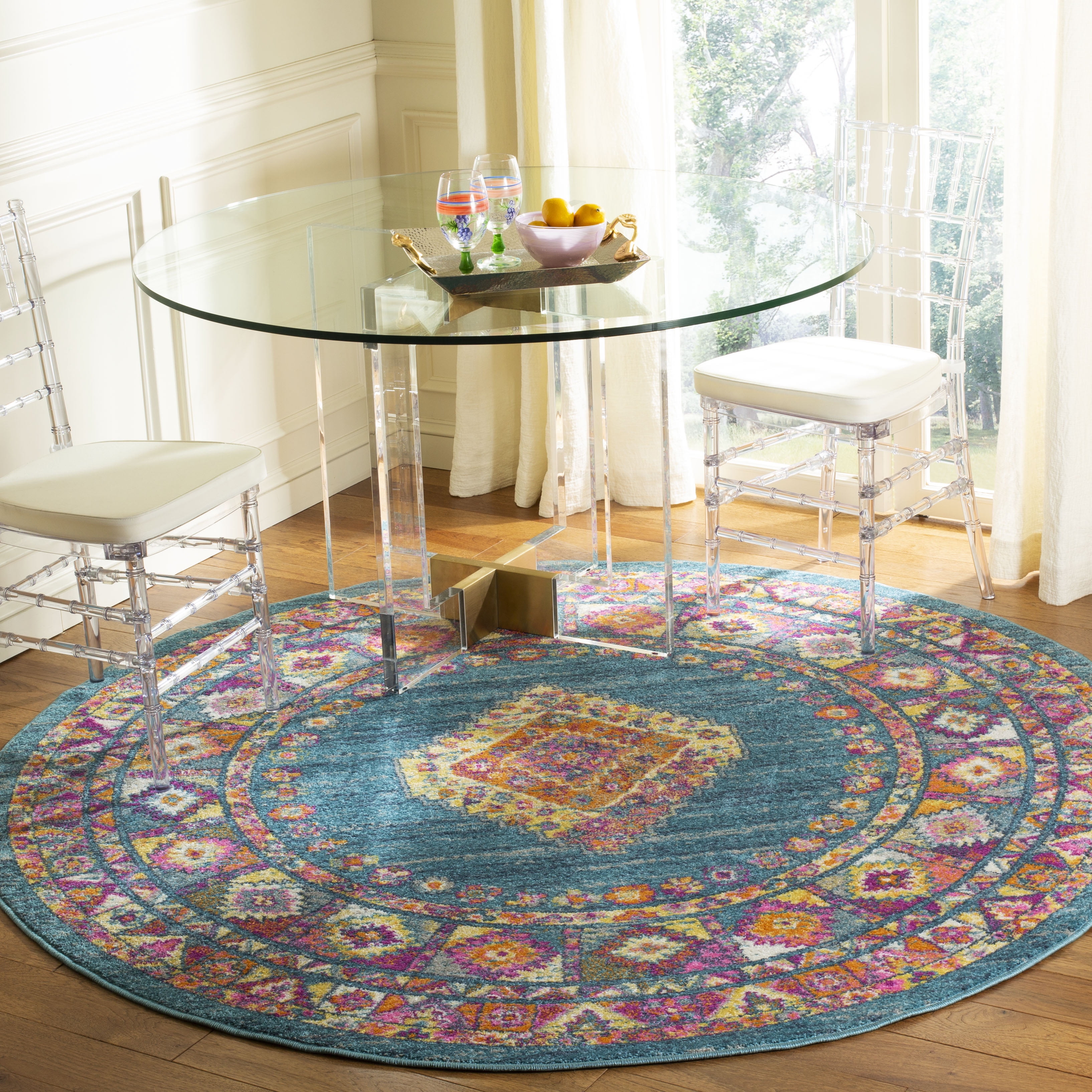 SAFAVIEH Madison Emmet Traditional Area Rug, Light Blue/Orange, 6'7" x 6'7" Round