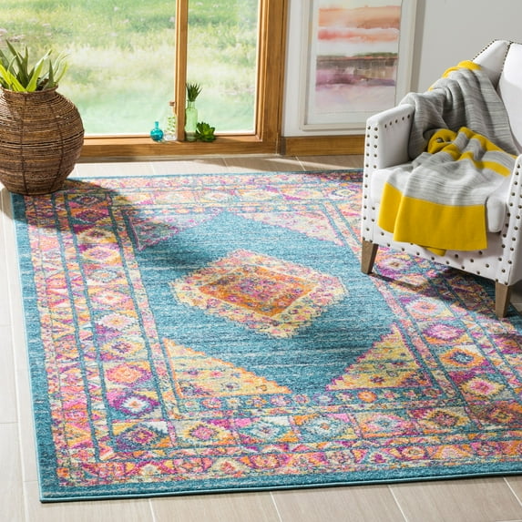 SAFAVIEH Madison Emmet Traditional Area Rug, Light Blue/Orange, 6'7" x 6'7" Square