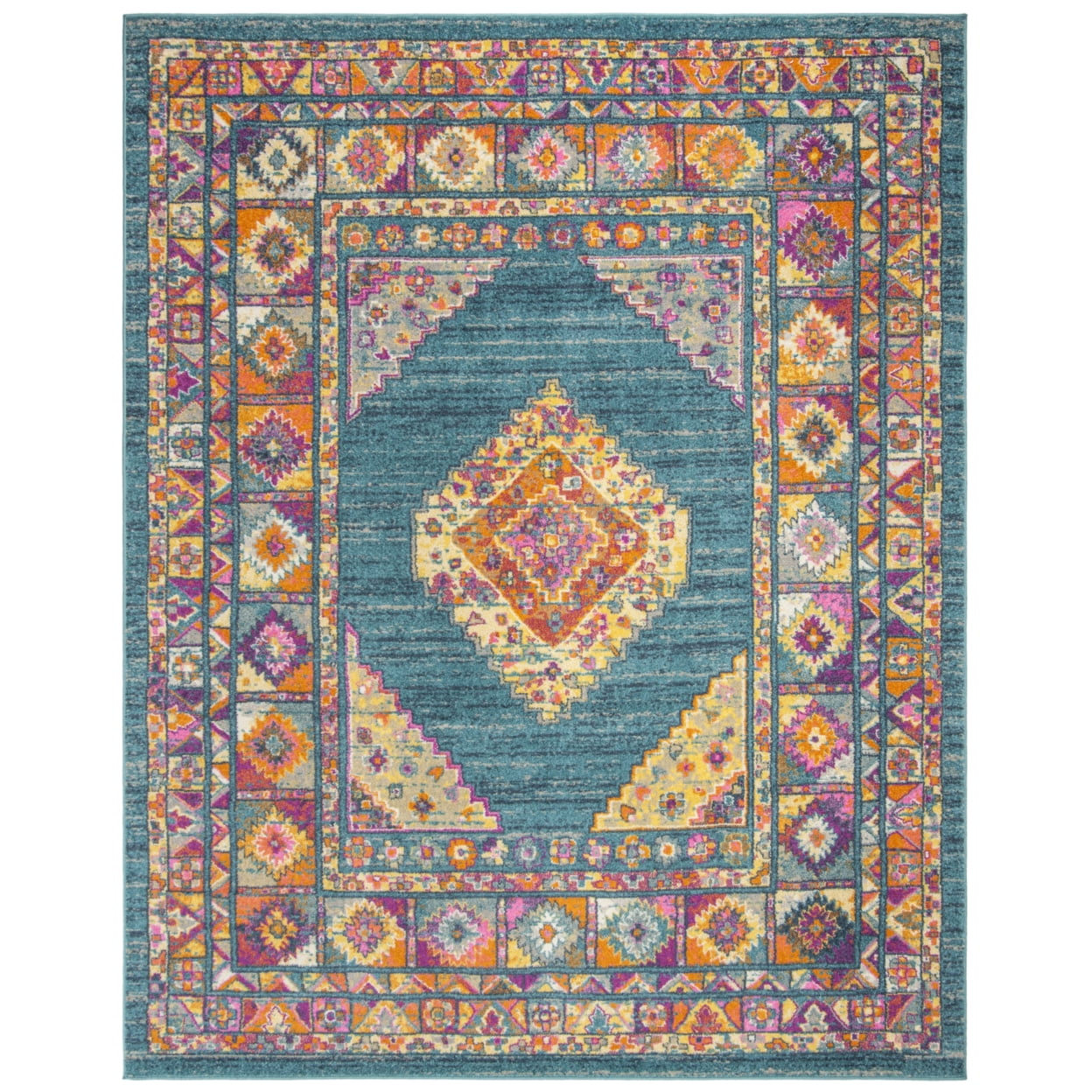 Light Blue and Orange Synthetic Easy Care Area Rug, 6' x 9'