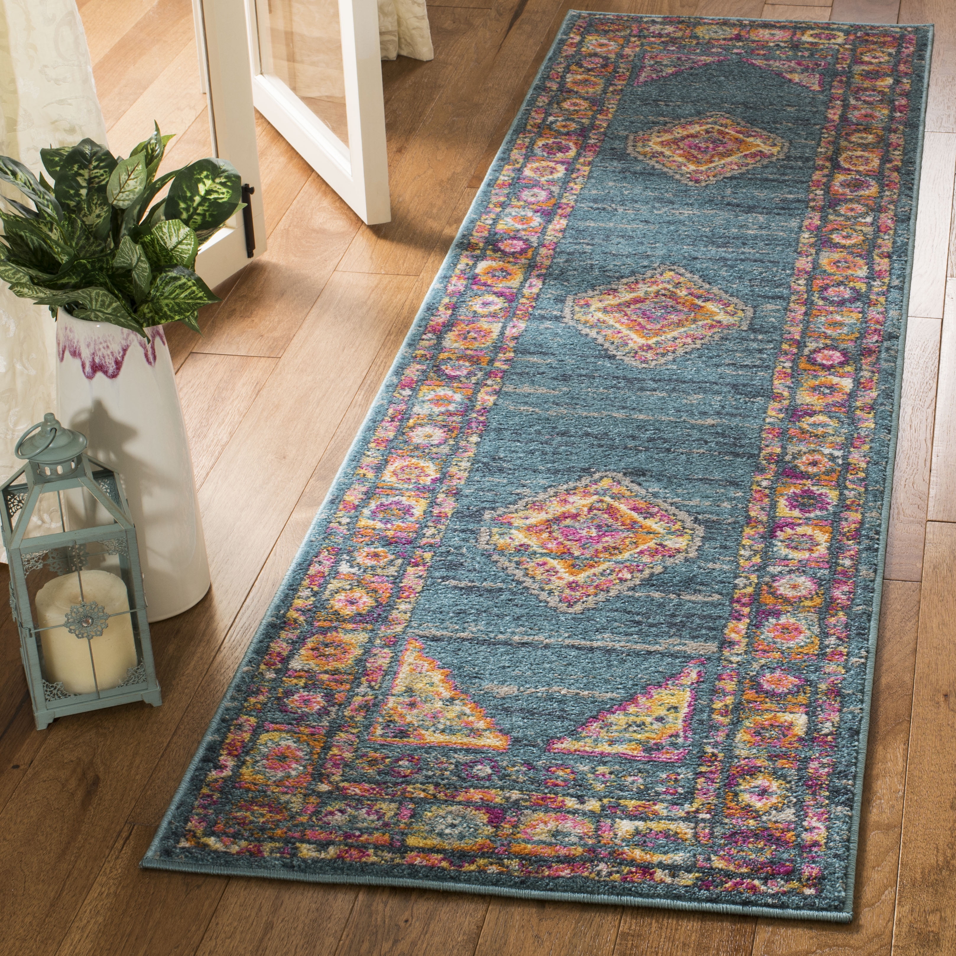 Chic Metro-Mod Light Blue & Orange Synthetic Runner Rug - 2'3" x 6'