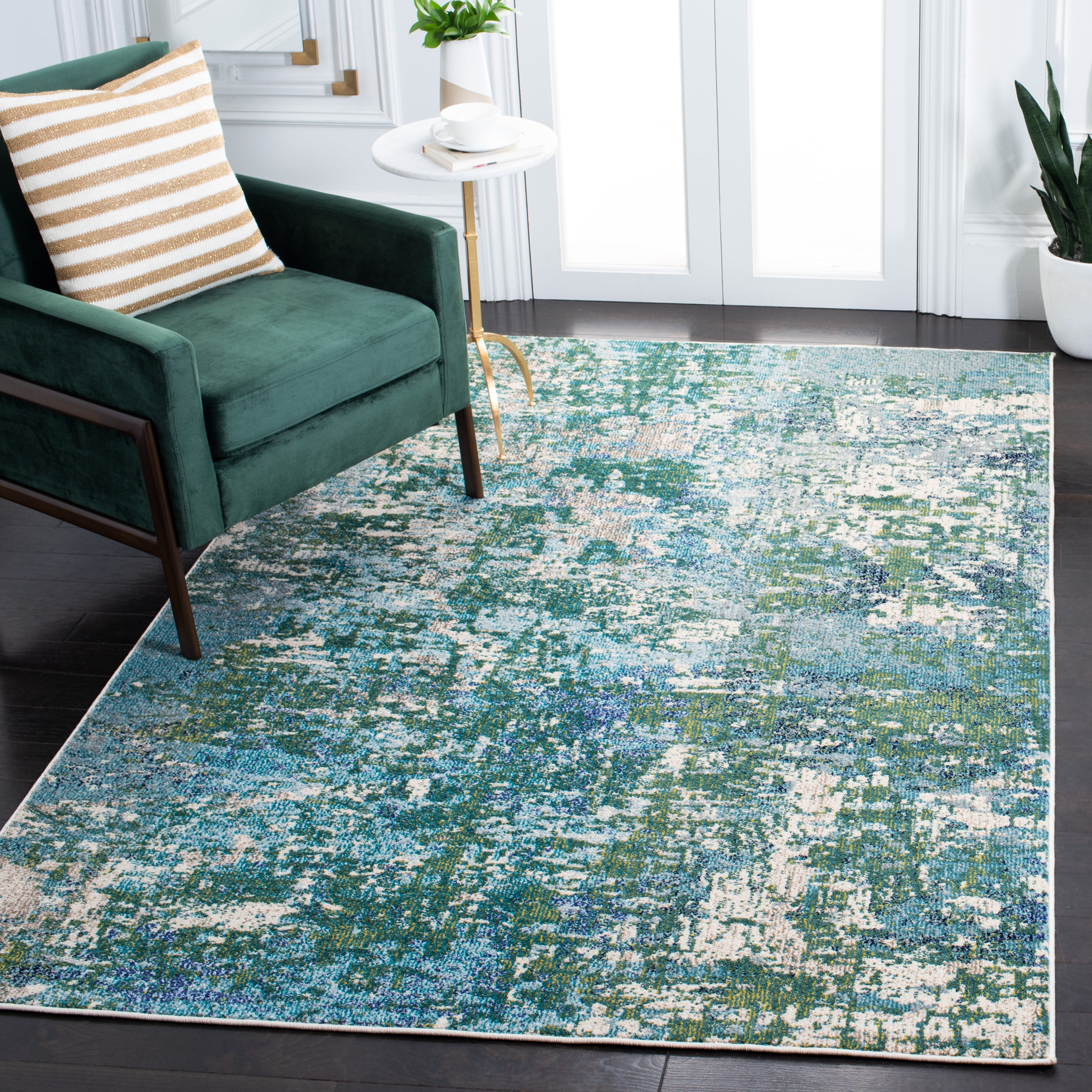Green and Turquoise Square Synthetic Area Rug
