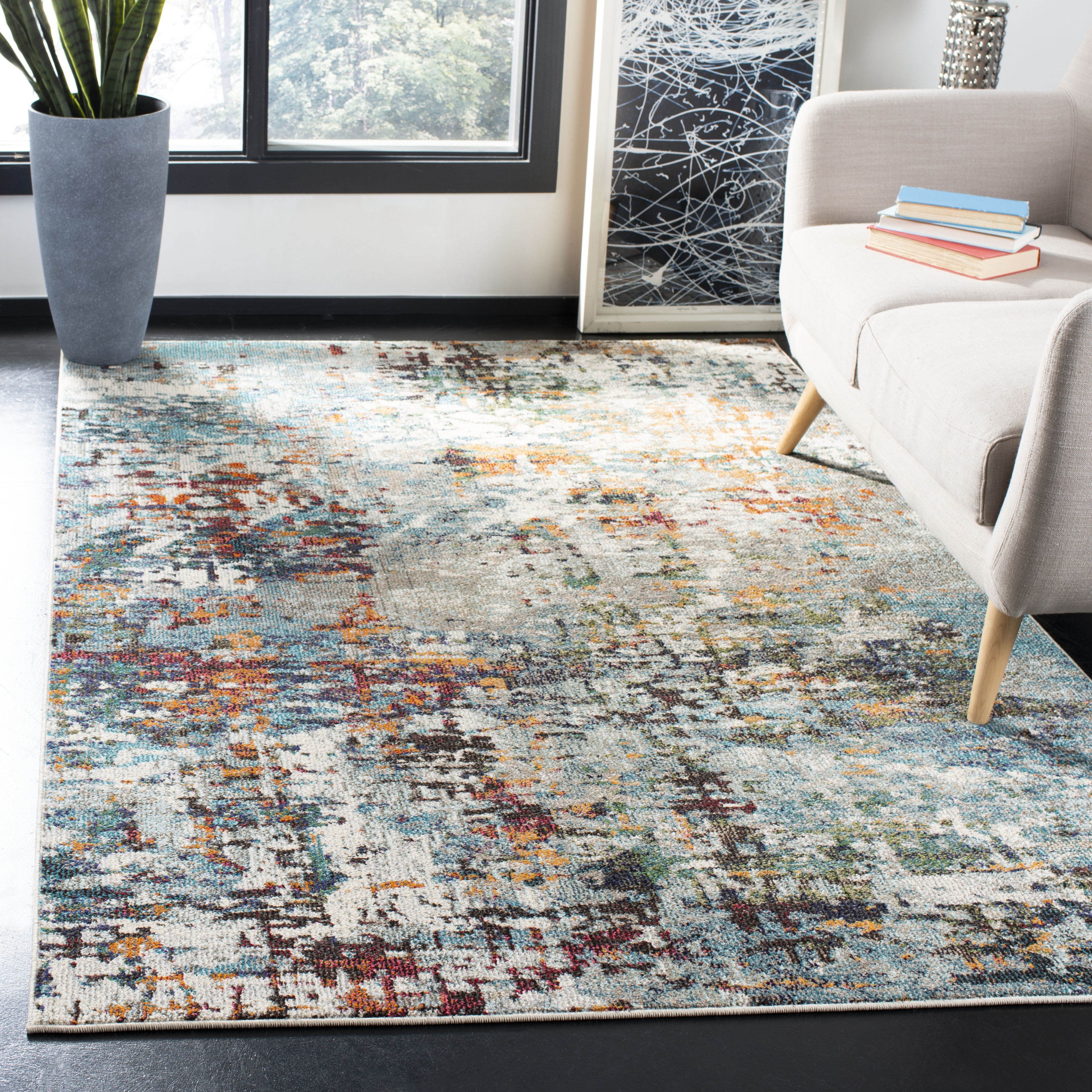 Madison Vintage Abstract Grey/Blue Power Loomed 4' x 6' Area Rug