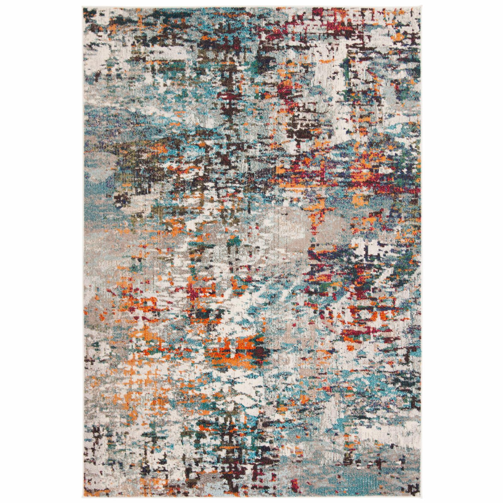 Grey and Blue Square Synthetic Area Rug