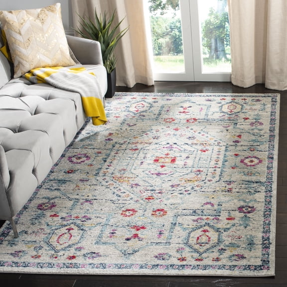 SAFAVIEH Madison Gladys Floral Bordered Area Rug, Light Grey/Fuchsia, 5'3" x 7'6"