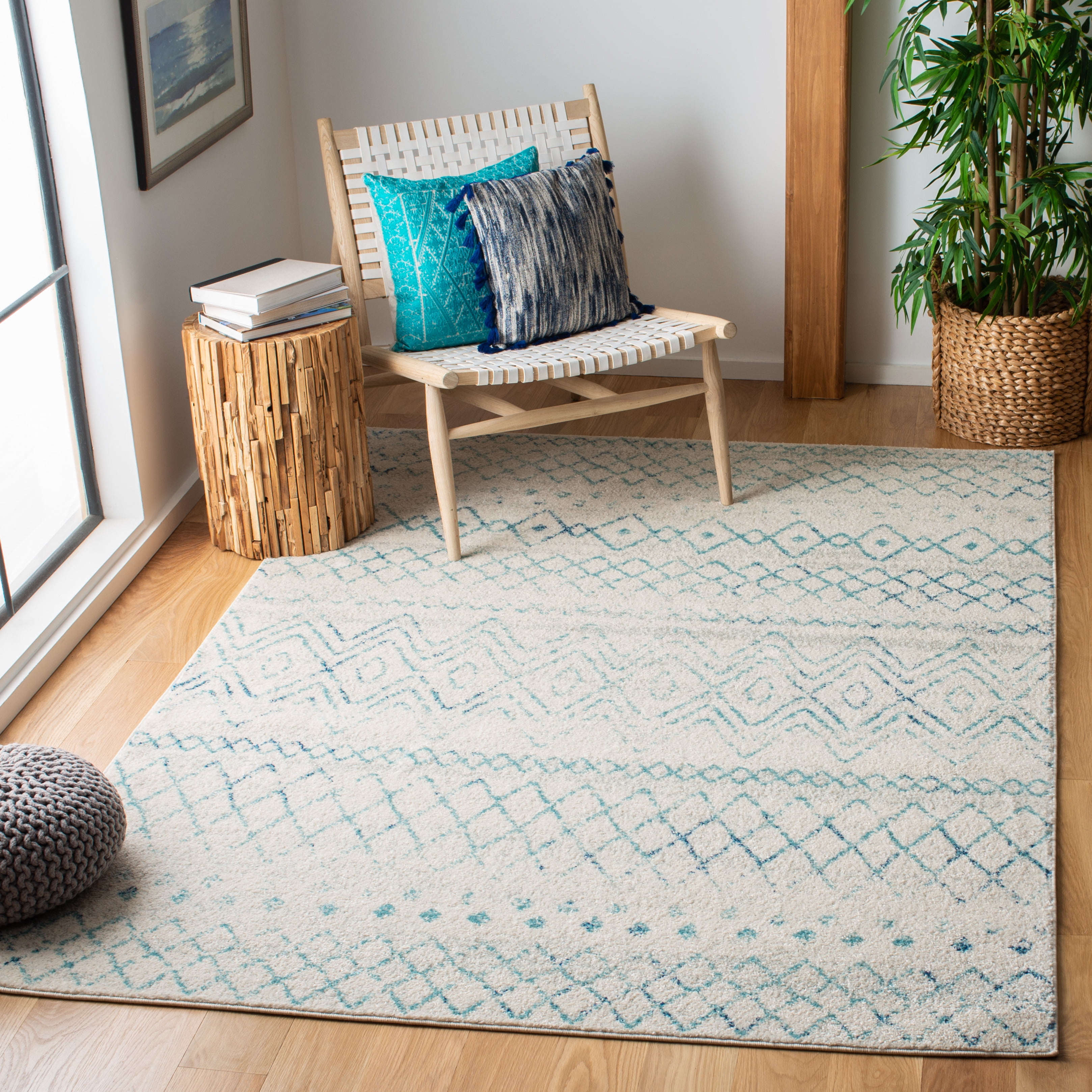 Elegant Ivory/Aqua Synthetic 9' x 12' Hand-Knotted Area Rug