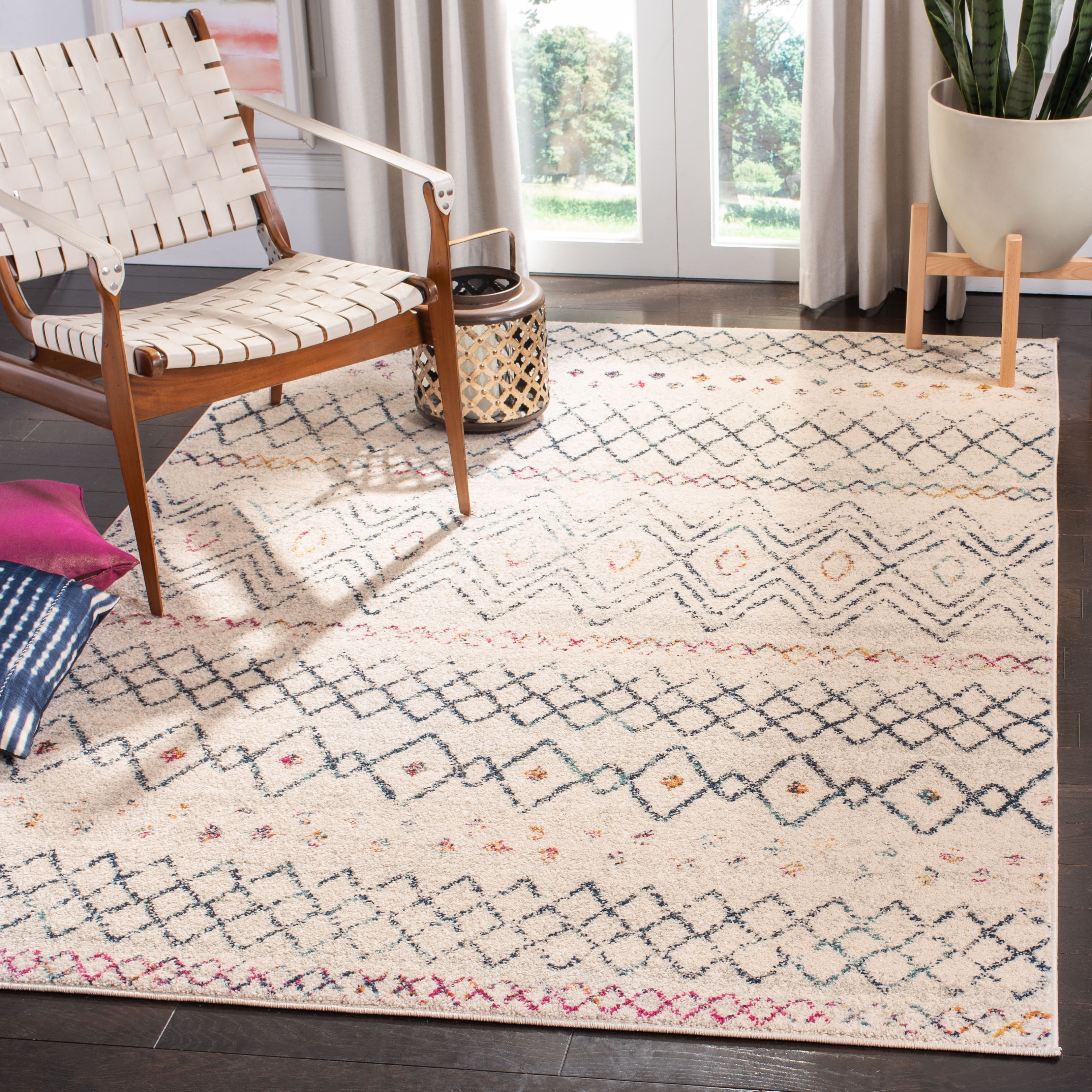 Ivory and Dark Blue Geometric Synthetic Square Rug