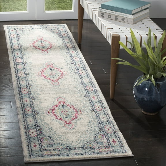 SAFAVIEH Madison Haven Floral Bordered Runner Rug, Light Grey/Fuchsia, 2' x 8'