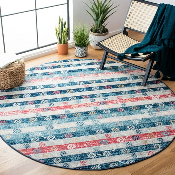 SAFAVIEH Madison Hayden Geometric Area Rug, Navy/Ivory, 6'7" x 6'7" Round