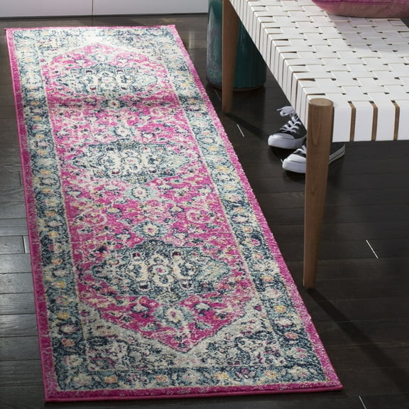 SAFAVIEH Madison Hildred Floral Bordered Runner Rug, Fuchsia/Aqua, 2' x 12'