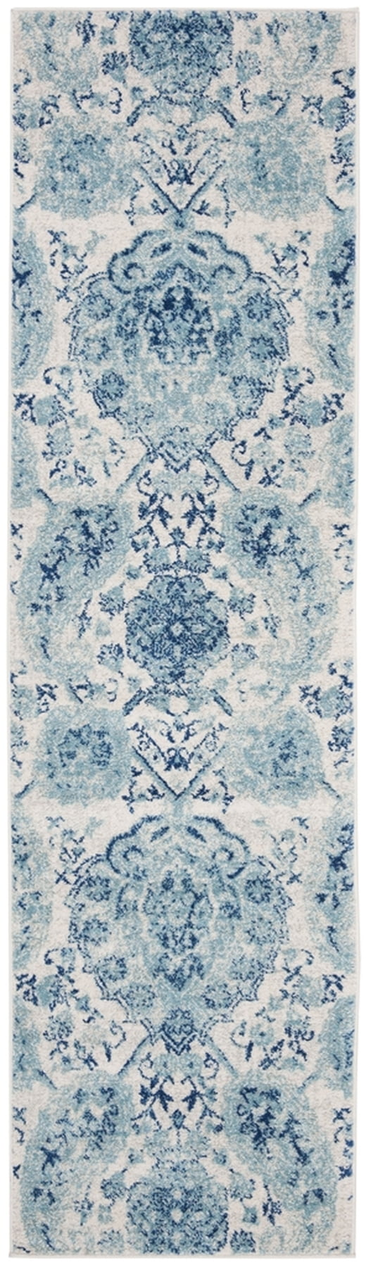 Cream and Turquoise Synthetic Hand-Knotted Runner Rug