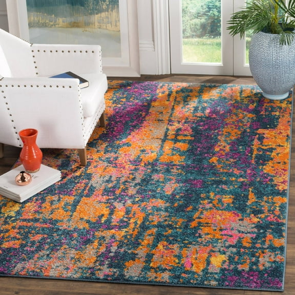 SAFAVIEH Madison Ivory Abstract Area Rug, Blue/Orange, 4' x 6'