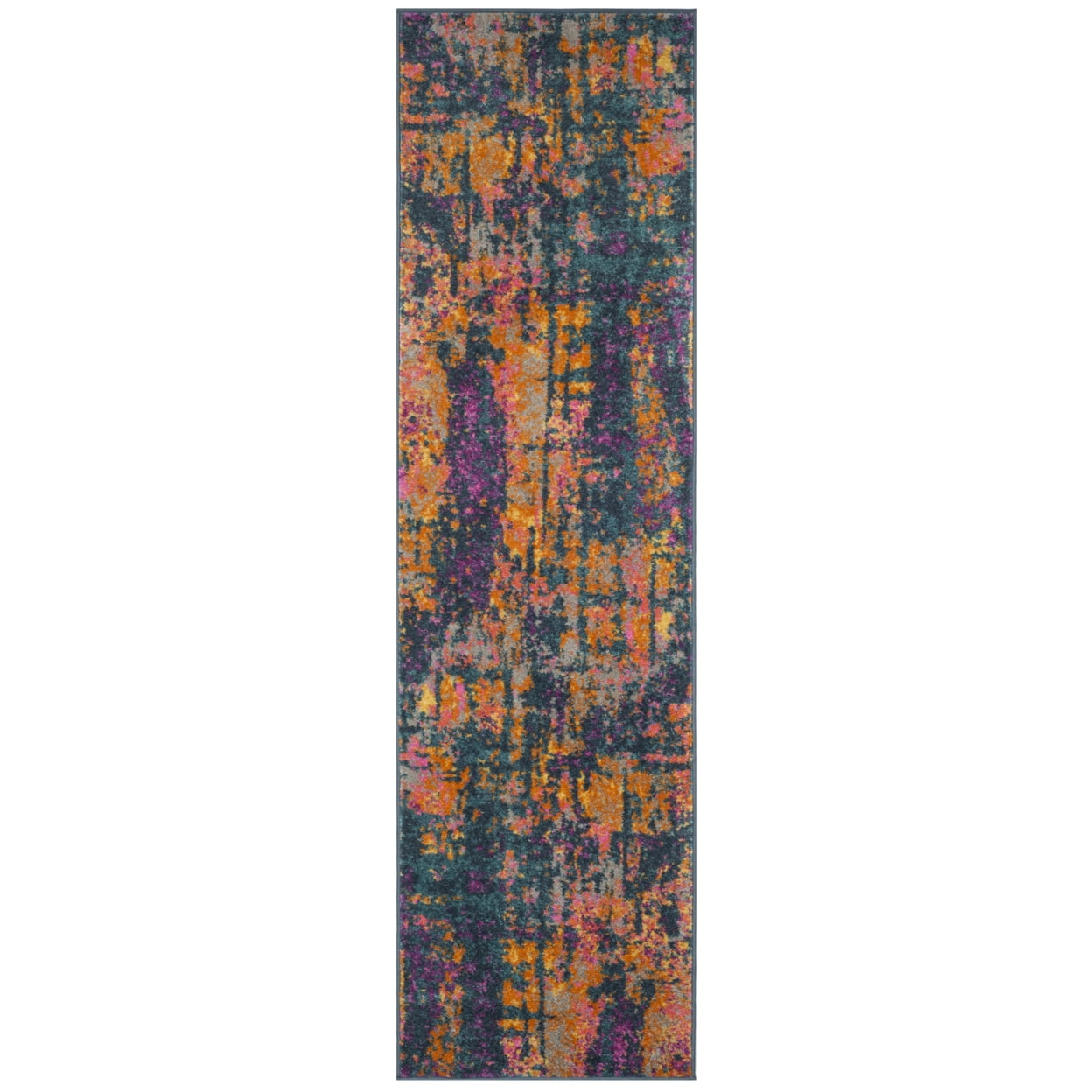 Blue and Orange Abstract Synthetic Runner Rug