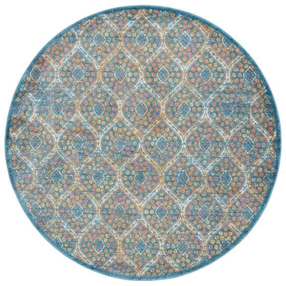 SAFAVIEH Madison Ivy Geometric Area Rug, Blue/Orange, 6'7" x 6'7" Round