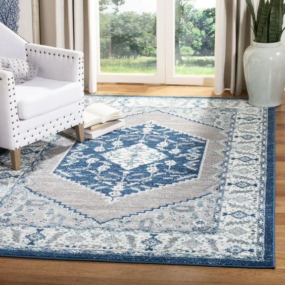 SAFAVIEH Madison Jerrie Traditional Area Rug, Navy/Grey, 6'7" x 6'7" Square