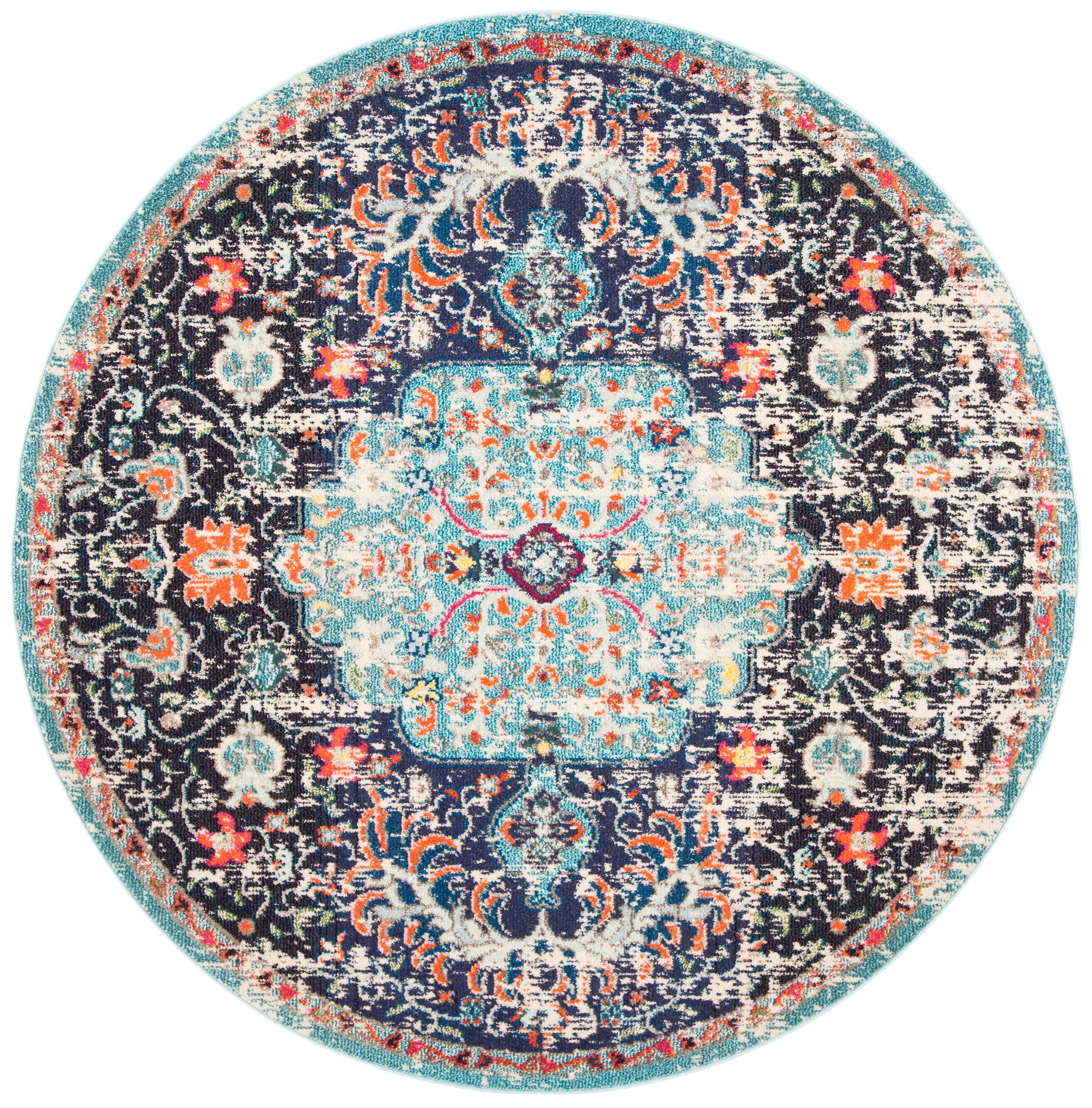 SAFAVIEH Madison Joandra Vintage Floral Area Rug, Black/Teal, 3' x 3' Round