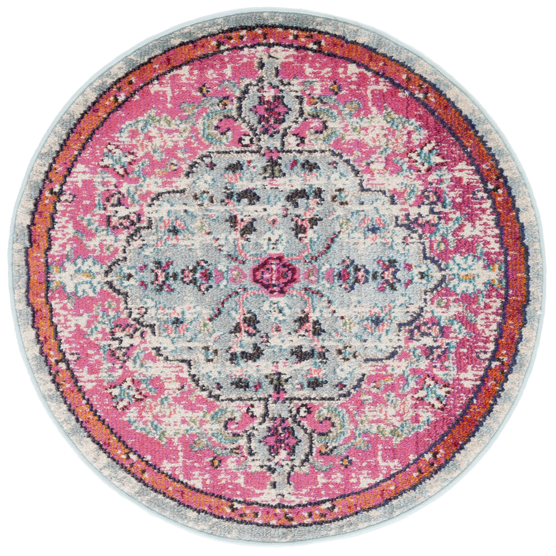 SAFAVIEH Madison Joandra Vintage Floral Area Rug, Fuchsia/Teal, 3' x 3' Round