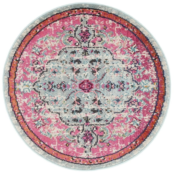 SAFAVIEH Madison Joandra Vintage Floral Area Rug, Fuchsia/Teal, 5' x 5' Round