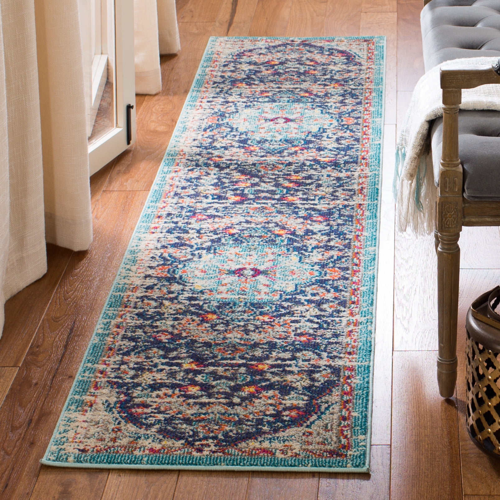 SAFAVIEH Madison Joandra Vintage Floral Runner Rug, Black/Teal, 2'2" x 20'