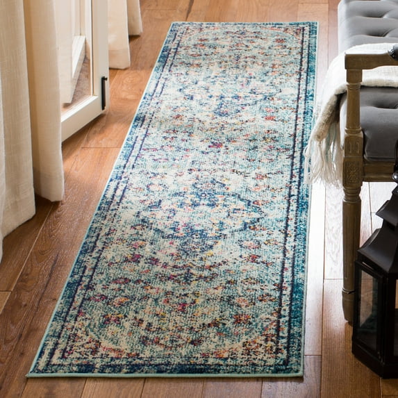 SAFAVIEH Madison Joandra Vintage Floral Runner Rug, Navy/Light Blue, 2'2" x 18'