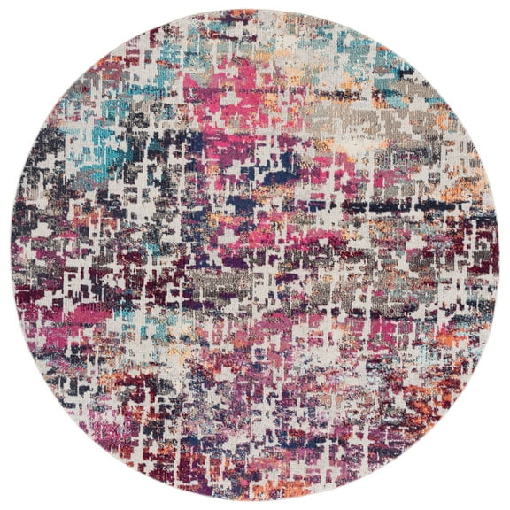 SAFAVIEH Madison Joella Vintage Abstract Area Rug, Red/Light Blue, 6'7" x 6'7" Round