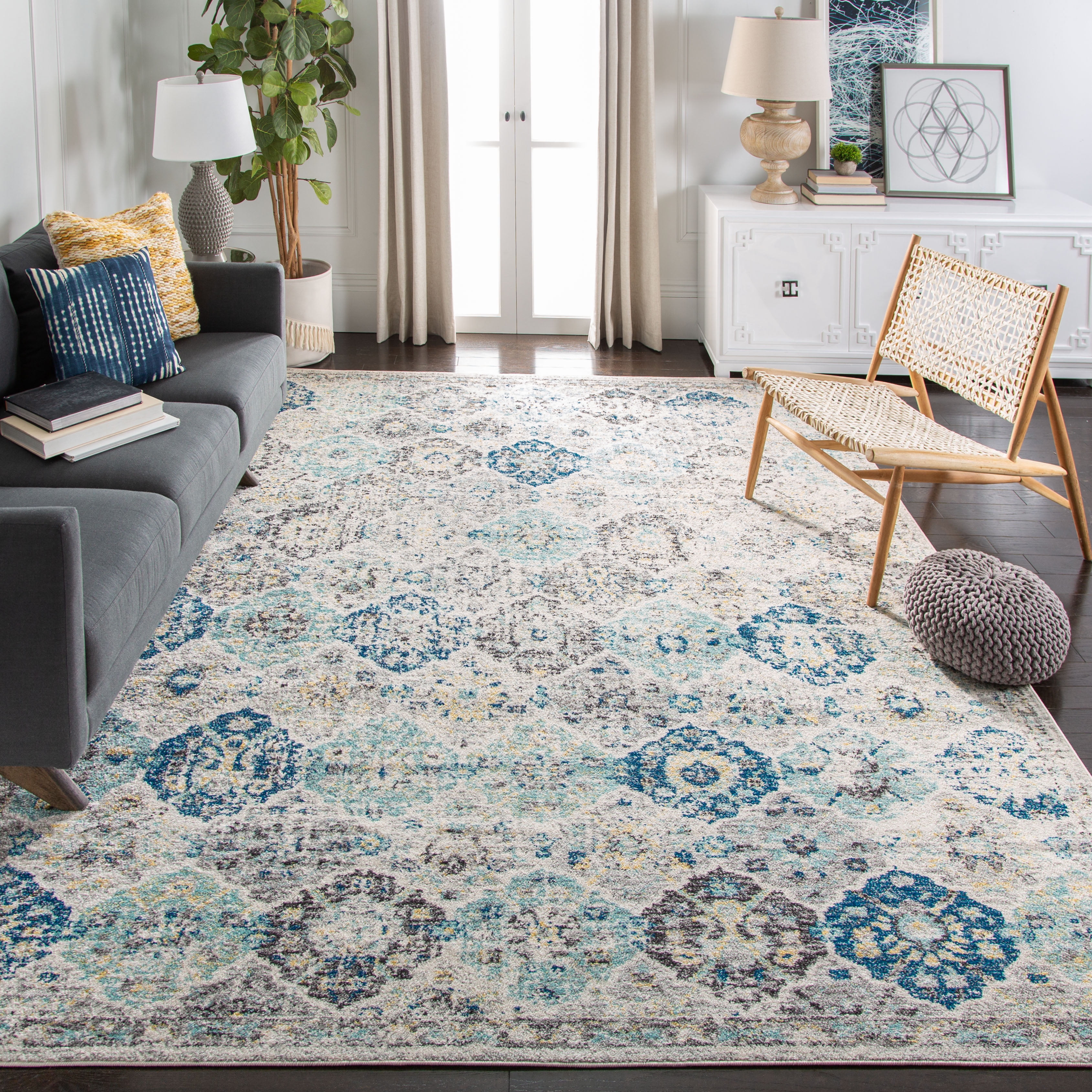 SAFAVIEH Square Rug 12' - Madison Collection - X-Large - Transitional Modern Design, Ivory & Aqua, Non-Shedding & Easy Cleaning, Ideal for Living Room, Bedroom, Dining Space (MAD611A)