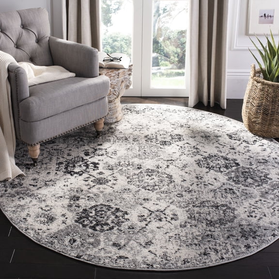 SAFAVIEH Round Rug 8' - Madison Collection - Transitional Modern Design, Silver & Grey, Non-Shedding & Easy Cleaning, Ideal for Living Room, Bedroom, Dining Space (MAD611G)