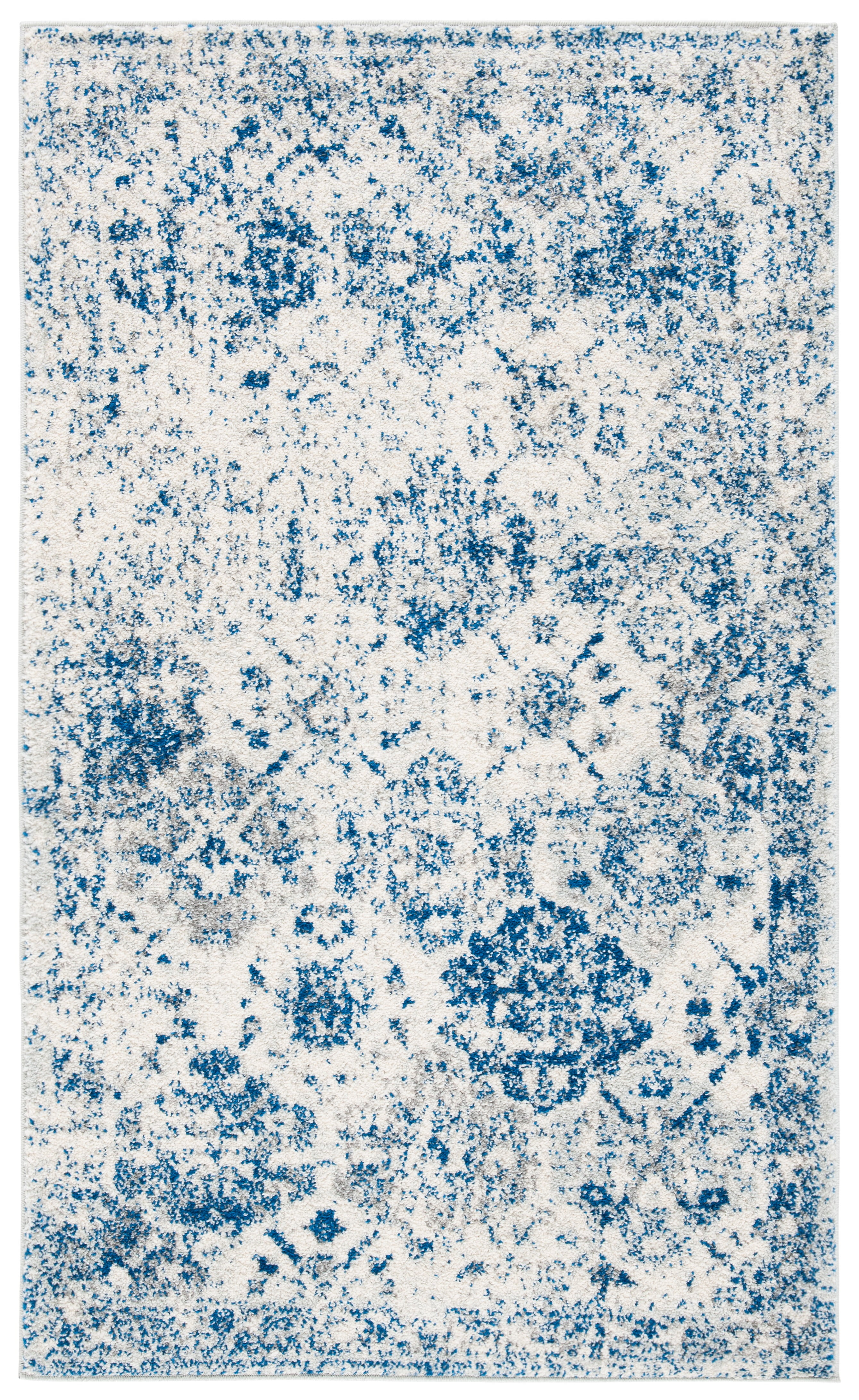 White and Blue Distressed Synthetic Area Rug
